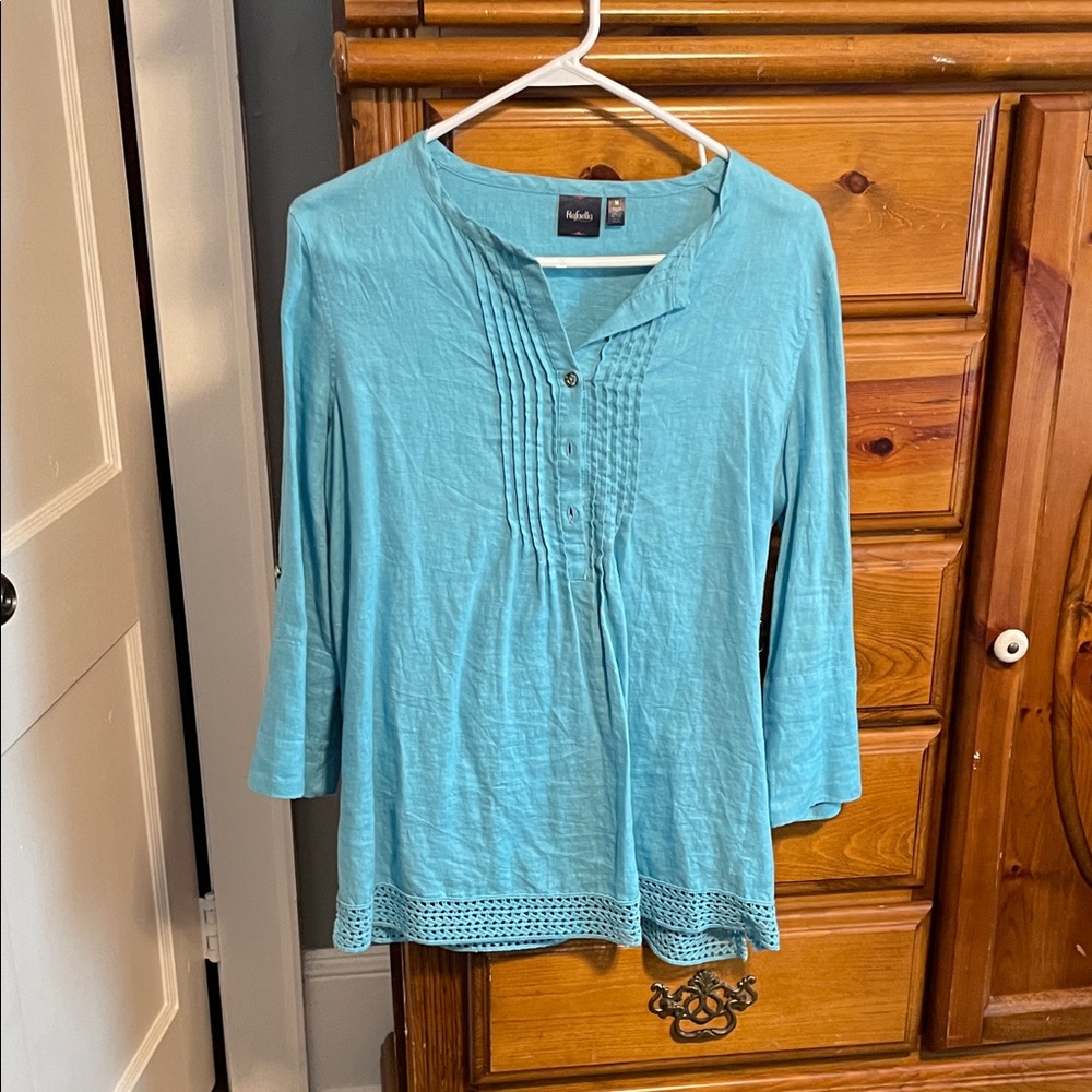 Rafaella Aqua Pintuck Blouse with Crochet Hem